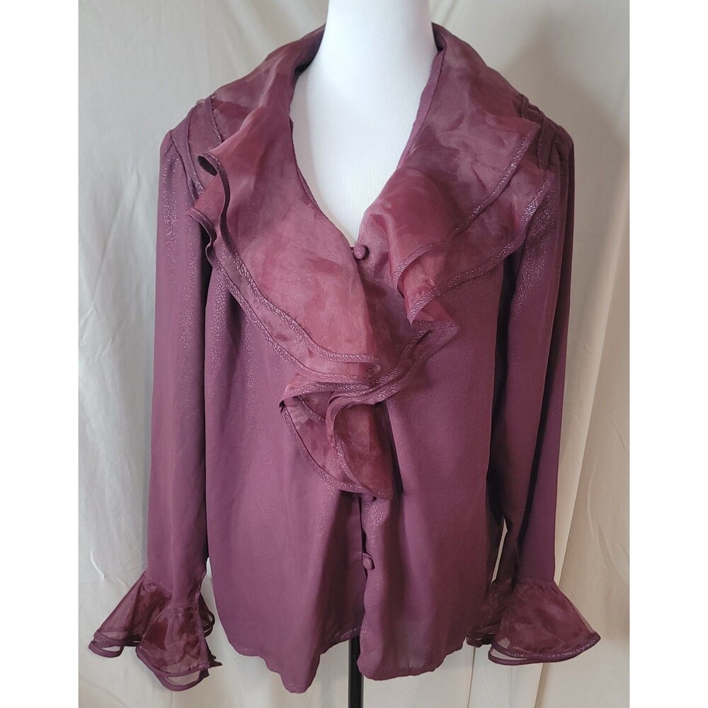 VTG Jordan Blouse Women Size 12 Burgundy Wine Sheer Ruffle Collar Romantic Shirt